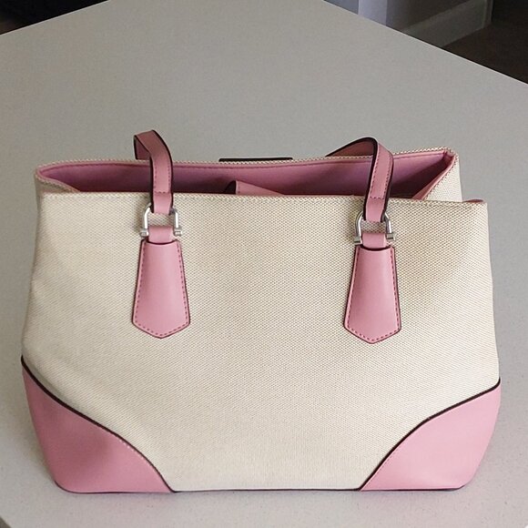 Nine West Pink & Beige Canvas Satchel Purse - Picture 2 of 16